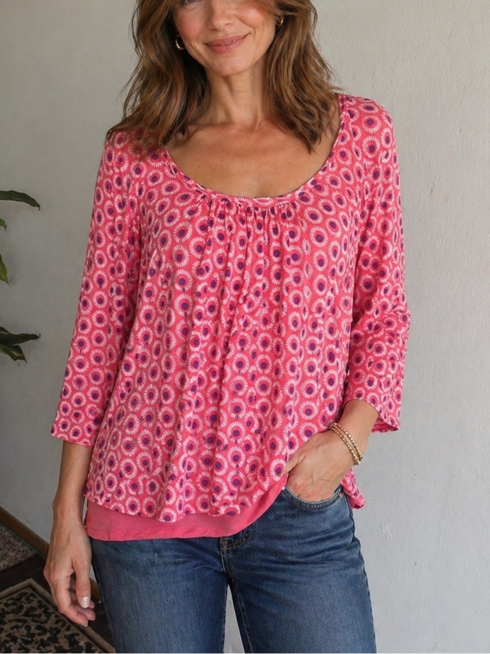 Boden Abstract Print Scoopneck Pink Top Size 12